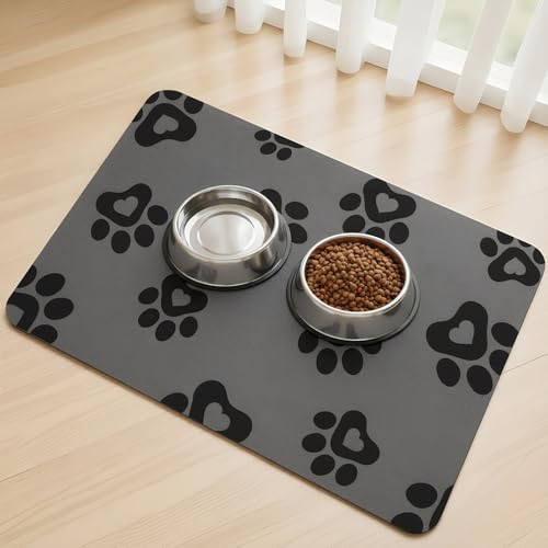 SARTNP Napfunterlage Hund Gummirücken Napfunterlage Katzen Wasserabsorbierend Hundenapf Kleine Hunde rutschfeste Unterlage Hundenapf Futtermatte (Dark Grey-Heart Paws 30 x 50 cm)