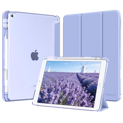 MoKo Funda para iPad 9.ª/8.ª/7.ª Generación 10,2 Pulgadas 2021/2020/2019 con Portalápices, Ligera y Delgada con Soporte Trifold y Cascara Traslúcida PC Duro, Auto Activación/Reposo, Lavanda