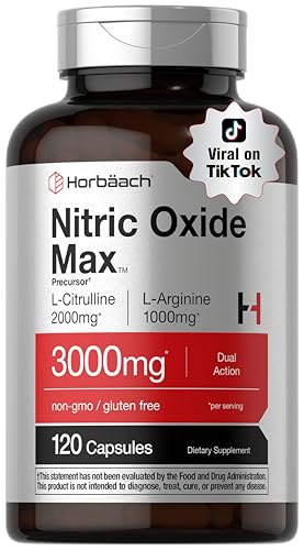 Horbach Nitric Oxide Supplement | 3000mg | 120 Capsules | Pre Workout with L Arginine and L Citrulline for Men and Women | Non-GMO Gluten Free Formula