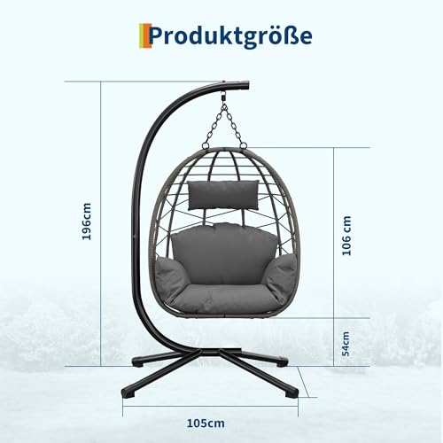 Heavy Duty Hanging Egg Chair with Stand, PE Rattan Hammock Swing, 150kg Capacity, Cushions & Weatherproof Oxford Cover, Indoor & Outdoor Ergonomic Lounge for Garden, Patio, Balcony, Grey 2 Heavy Duty Hanging Egg Chair with Stand, PE Rattan Hammock Swing, 150kg Capacity, Cushions & Weatherproof Oxford Cover, Indoor & Outdoor Ergonomic Lounge for Garden, Patio, Balcony, Grey - Image 2