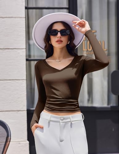 Ekouaer Womens 3 Pack Long Sleeve Shirts V Neck Ribbed Black/Beige/Brown X-Small — view 4