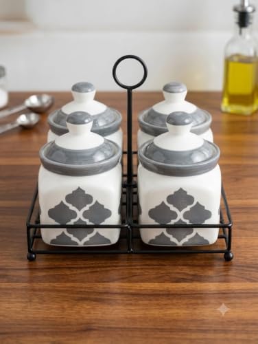 Image of Niyara Multipurpose Storage Ceramic Pickle set Jars with Lid & tray & spoon & Salt Dispenser (Set of 4, 300 ML) (Square pickle set)