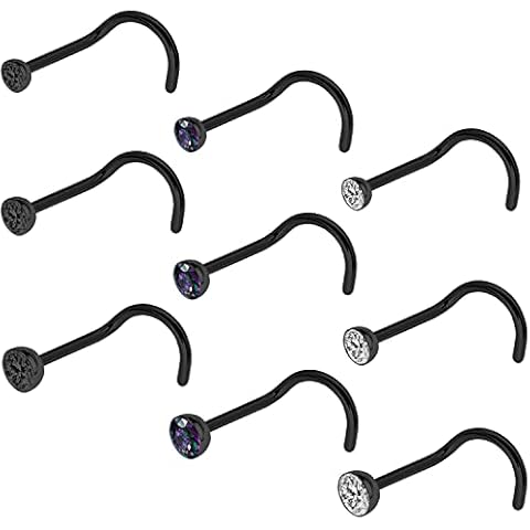 Pierstyles 20G Nose Rings Studs Black 316L Surgical Steel 2mm 2.5mm 3mm Round CZ Nose Ring for Women Men L Shaped Nose Bone Nose Screw Ring Set Nostril Piercing Jewelry Cover