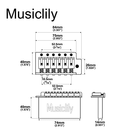 Musiclily Pro 52.5mm Modern 6-Screw Tremolo Bridge 40mm Solid Brass Block for Squier Strat Style Electric Guitar Chrome - Image 2
