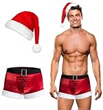 RSLOVE Men's Christmas Lingerie Set Sexy Santa Outfits 2PCS Red Boxers Holiday Briefs Underwear With Hat S