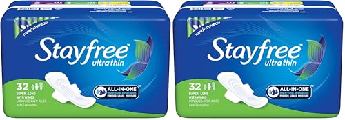 Image of Stayfree Ultra Thin Super Long Pads with Wings For Women, Reliable Protection and Absorbency of Feminine Moisture, Leaks and Periods, 32 count (Pack of 2)