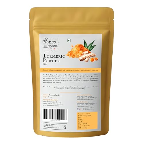 Image of Honey and Spice High Curcumin Turmeric (250g) | Paper Packaging | Haldi Powder | Ideal for Eating, Drinking, Cooking | Natural and Fresh