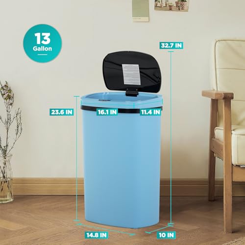 Image of BestOffice | 13 Gallon Plastic Trash Can with Lid | Blue | Automatic Touchless Garbage Can | Odor Control | Modern Oval Design | Easy to Clean | For Kitchen, Bathroom, Office or Home