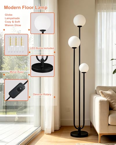 Image of 63IN 3-Light Dimmable Floor Lamp, Unique Black Tall Standing Lamps with 3000K Bulbs for Reading, Mid Century Modern Floor Lamp with 5Lbs Heavy Base for Living Room Bedroom Office