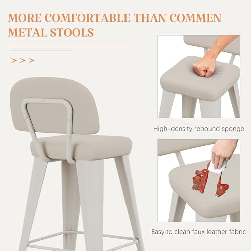 Image of Yongchuang 26 inch Bar Stools with Backs Set of 2 PU Leather Modern Counter Height Stools Upholstered Metal Kitchen Island Bar Chairs Grayish White
