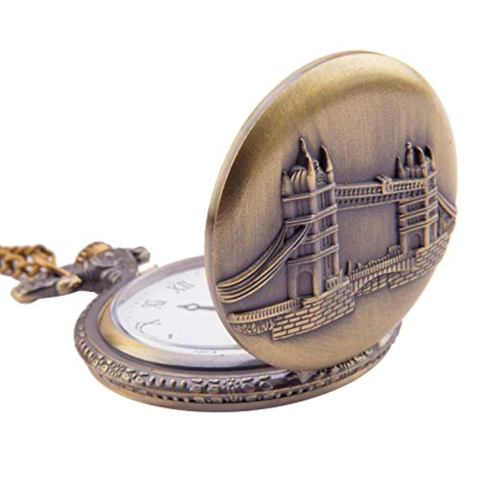 Vintage Pocket Watch London Tower Bridge Design with Chain