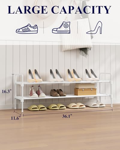Image of Kitsure Shoe Rack for Closet, Shoe Organizer for Front Door Entrance, Stackable Shoe Shelf, Detachable Closet Organizers and Storage, 36.1 inch Wide - 2 Tiers, White | Closet, Front Door Entrance, Entryway, Stackable & Detachable Shelf, Closet Organizers and Storage
