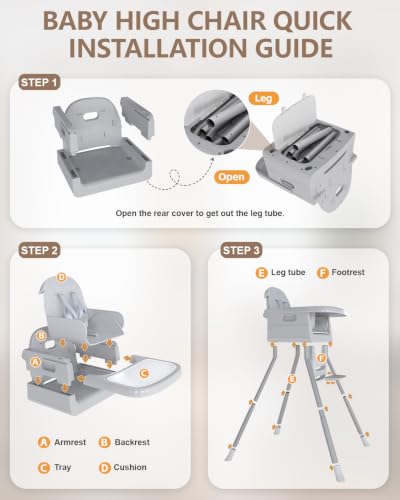 Image of Baby High Chair for 6 Months+, Foldable High Chairs for Babies and Toddlers, Convertible High Chair, Adjustable Tray & Footrest, Portable High Chair & Easy to Clean(Gray)