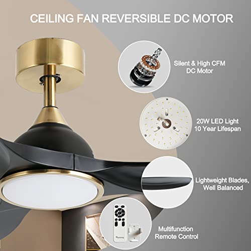 Image of 52 Inch High CFM Modern 3 Blade Black Gold Ceiling Fan with Lights Remote