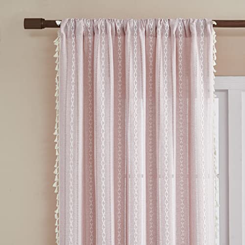 Bclbuste TWZD-CT05 Linen Boho Curtains Cute Embroidered Pink Curtains For Girls Bedroom Nursery Room 84 Inches Long 2 Panels Light Filtering Farmhouse Curtains thumb #4