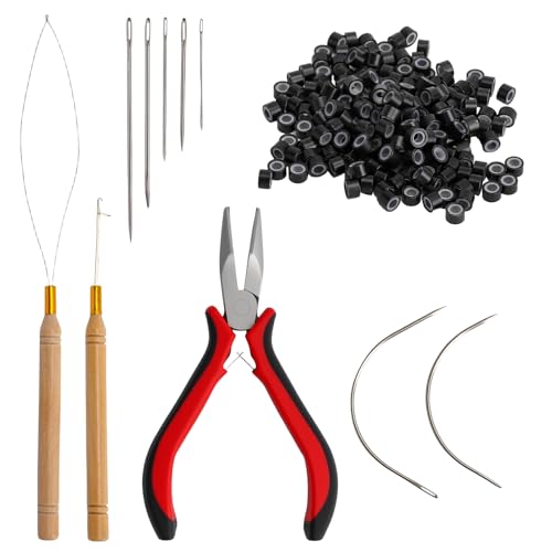 XRVRILE Kit Extensiones de Cabello Microring y Nanoring 200 Anillos 5x3mm con Silicona, Herramientas Extensiones Cabello con Pinza, Aguja e Enhebrador, Accesorios Profesional para Salón y Casa