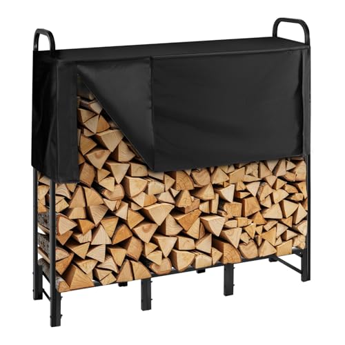 VEVOR Estante de Almacenamiento de Leña 122 x 32 x 118 cm Marco de Metal con Recubrimiento en Polvo con Media Cubierta Soporte de Leña Carga de 181,4 kg para Chimenea, Terraza, Patio, Jardín, Negro