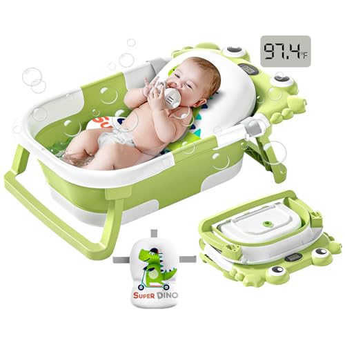 Image of Collapsible Baby Bathtub for Newborns to Toddler with Real-time Temp Monitor & Floating Cushion,Portable Travel Tub for 0-36 Month, Foldable Baby Bath Tub for Infants(Green)