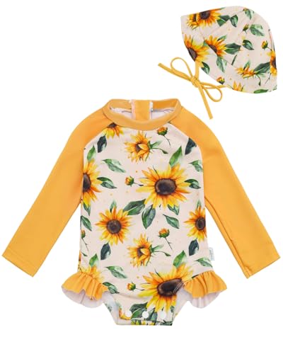 Image of babygoal Baby Girls Long Sleeve One Piece Rash Guard Swimsuit with Zipper, UPF 50+ Sun Protection