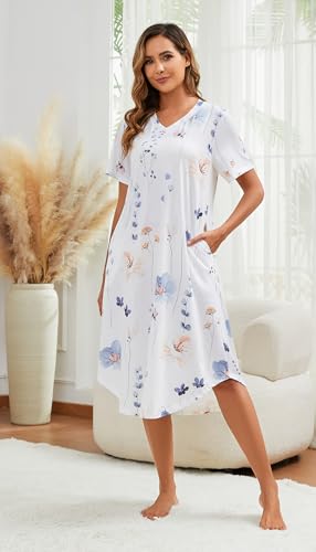 Nightgowns for Women Cotton Short Sleeve Long Night Gowns with Pockets4