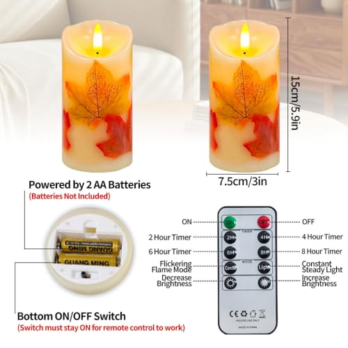 2 Stück Flammenlose LED-Kerzen mit Fernbedienung und Timer, 7,5 x 15 cm Flackernde Flammenlose Kerzen, Echtes Wachs,Batteriebetrieben,Ahornblatt LED Kerzen für Herbst Halloween Thanksgiving Deko – Bild 2