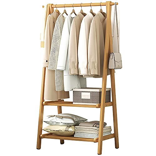 FGHUF Kleiderständer Bambus klappbar Garderobenständer Mit Schuhablage Kleiderstange Haken Für Schlafzimmer kleiderstand Bambus Flur Wohnzimmer Mehrzweck (66cm, 86cm, 116cm) Cover