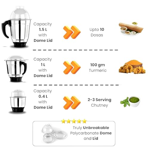 Image of Stainless Steel Mixer Grinder Jar Combo with and Sharp Cutting Edge Blade, for Bajaj /Preethi /Prestige /Morphy Richards /Sumeet /Ganga /Orient /Usha /Crompton /Life Long 4 Teeth Coupler (Combo of 3)