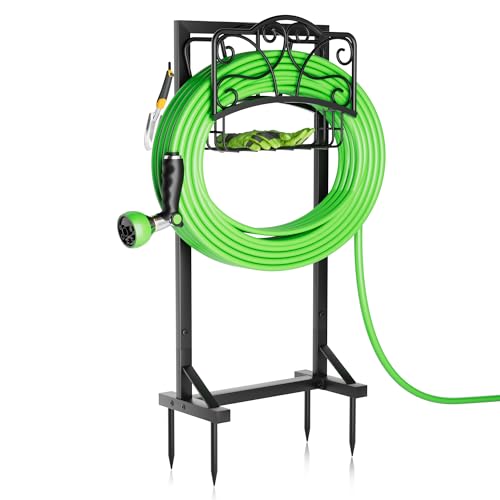 Heavy-Duty Garden Hose Holder with Storage Basket and Tool Hooks,