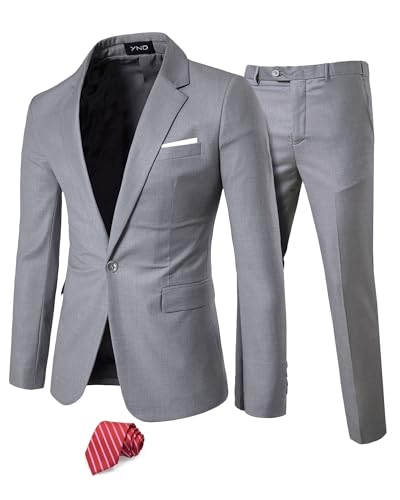 YND Men's 2 Piece Suit with Tie, One Button Slim Fit Solid Jacket and Pants Set, Suits for Men Prom Party Wedding & Business, Light Grey