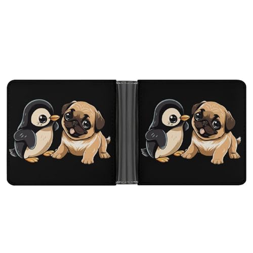 Penguins and Pug Puppy Dog Funny Billfold Wallet Credit Card Holder Slim Passcase Pouch Purse for Men Women