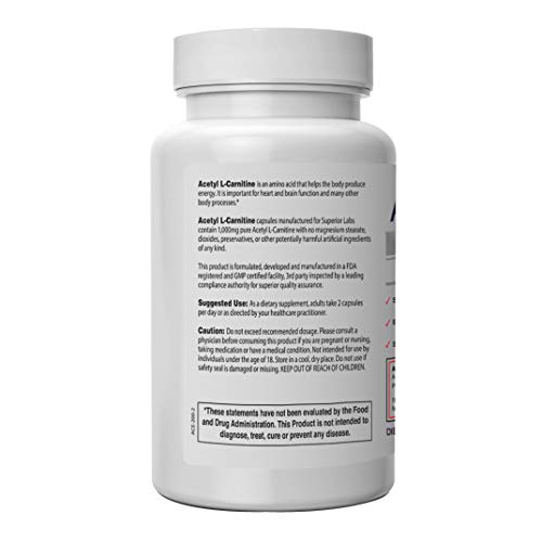 Superior Labs Acetyl LCarnitine 1000mg 200 caps Maximum Absorption Pure Vegetable