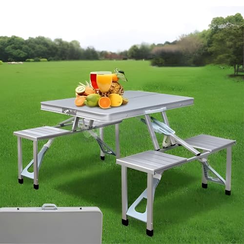 Image of Picnic Table with 4 Seats & Umbrella Hole | Heavy Duty Aluminium Outdoor Camping Table | Foldable Picnic Table Set for Garden, Beach, BBQ, Patio & Travel, H4