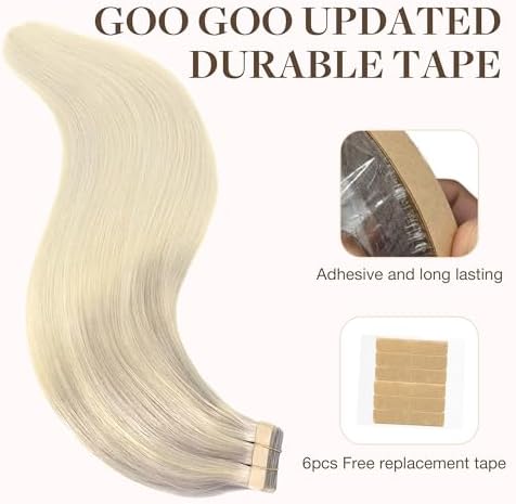 GOO GOO Tape in Hair Extensions Human Hair, 17/22/60 Ash Blonde to Golden Blonde and Platinum Blonde, 22inch 50g 20pcs, Skin Weft Seamless Invisible, Silky Straight with Thick Ends, Remy Human Hair