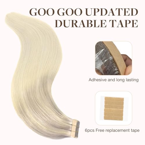 GOO GOO Tape in Hair Extensions Human Hair, 17/22/60 Ash Blonde to Golden Blonde and Platinum Blonde, 22inch 50g 20pcs, Skin Weft Seamless Invisible, Silky Straight with Thick Ends, Remy Human Hair