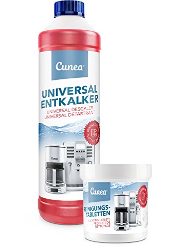 Cunea 750 ml descalcificador y 50 x Pastillas de limpieza para cafetera de café automáticas Adecuado para DeLonghi Saeco Jura Bosch Melitta Siemens Krups Tassimo