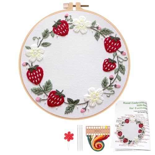 Image of Topapfo Strawberry Embroidery Kit for Beginners Adults, Funny Embroidery Patterns Hoops Thread Needles Tutorials
