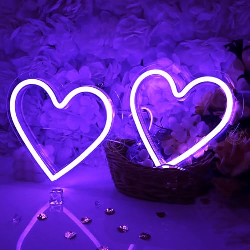 Image of SYLHOME 2 Pack Heart Purple Led Neon Light Sign Battery Operated or USB Powered Bedroom Wedding Wall Sign Decor Valentines Day Christmas Birthday Gifts USB 7.87 inch X 7.28 inch