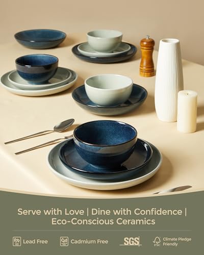 Image of Pokini 18 Piece Dinnerware Set for 6, Reactive Glaze Terracotta Plates and Bowls Set, Large Family-Sized Stoneware Dish Set for Gatherings, Chip and Scratch Resistant, Slate Green