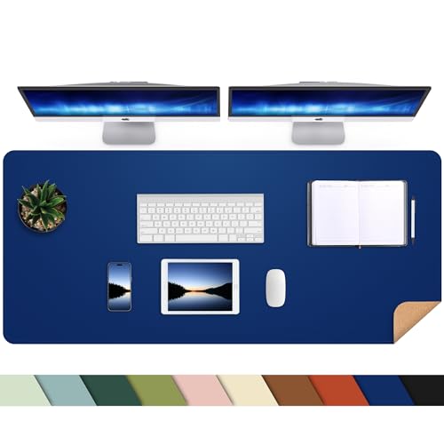 Leather desk pad protector with natural cork & PU leather (47x23 in) sapphire blue