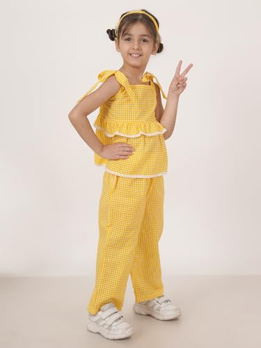 Image of FABRIC FITOOR Kids Cotton's Yellow Colour Checks Print Top & Palazzo Set /Co-ord Set with Hair Band For Girls