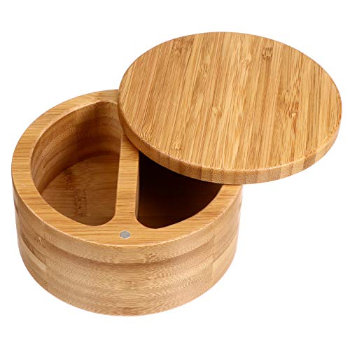 WINOMO Bamboo Box Salt Keeper Duet Bamboo Container with Magnetic Lid for Secure Storage Two Compartments for Salt Spices