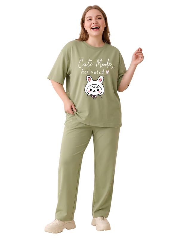 Image of My Swag Womens Nightsuit Set | Cute Bunny Graphic Print T-Shirt & Pajama | Soft Breathable Sleepwear and Loungewear Co-Ord Set for Women