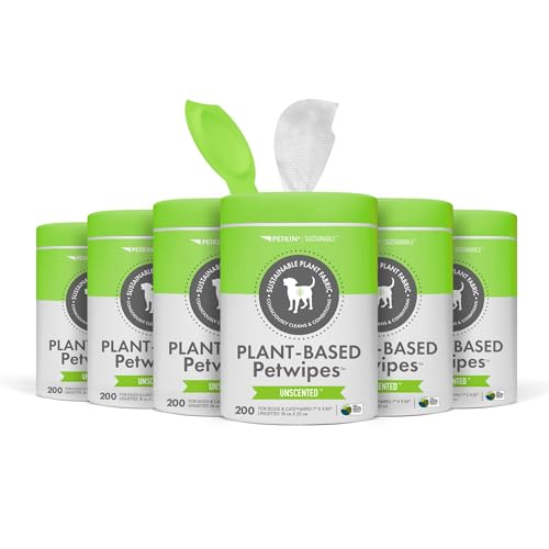 Petkin Plant-Based PetWipes, 200 Wipes, 6 Count - Biobased, Sustainable, Big & Thick Pet Wipes for Dogs & Cats - for Face, Paws, Ears, Body & Eye Area - Consciously Cleans & Conditions - Unscented