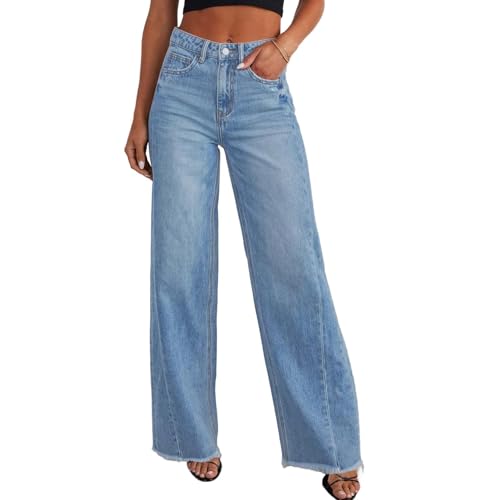 Stretchy Jeans for Women High Waist Wide Leg Boyfriend Jeans Raw Hem Business Casual Cowgirl Denim Pants with Pockets