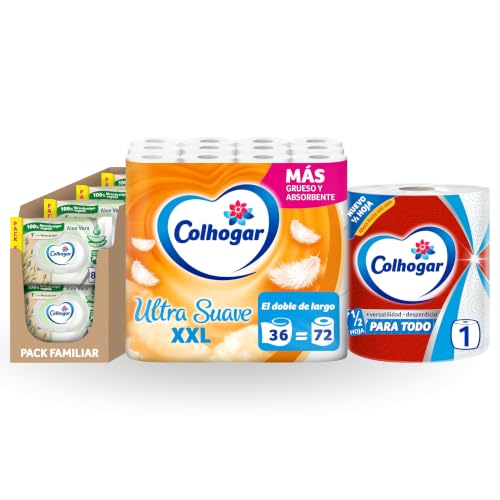 Lote Colhogar Hogar Completo: Papel Cocina Paratodo Jumbo 1 rollo + Papel Higiénico Ultra Suave XXL 36 rollos + Toallitas Húmedas Aloe 8x80