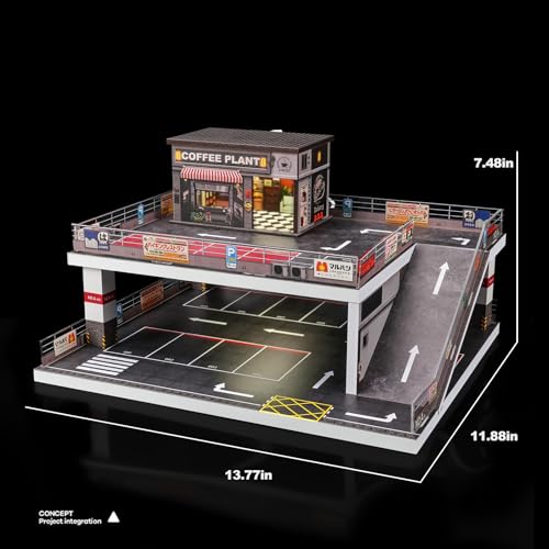 Image of kivmcds Display Case for Hot Wheels Matchbox Toy Car Monster Truck,Lighted Ramp Scene Diorama Garage Parking for 1 /64 Diecast Car,Maximum Hold 40+ Cars (Coffee Shop)