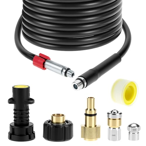 QWORK® Conjunto de manguera de limpieza de tubos (15 m, 200 bar) con boquilla fija y rotativa – Compatible con para Kärcher, Parkside, Lavor limpiadores de alta presión