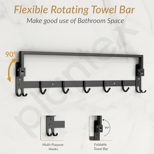 Image of Plantex Stainless Steel Folding Single Towel Rod with Hooks /24 Inch Towel Holder for Bathroom /Towel Hanger /Towel Stand /Bathroom Accessories - (APS-1317, Black)