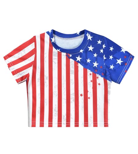 Image of Tkria Girl Crop Tops July 4th Crewneck Tshirt American Flag Patriotic USA Flag Girls Outfit Clothes Size 6-14