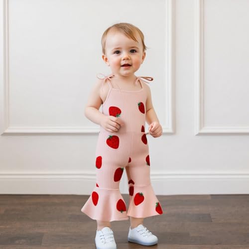 Emmababy Baby Girl Strawberry Jumpsuit Toddler Bell Bottom Romper Tie Shoulder Flare Jumpsuit Kids Strawberry Birthday Outfit2